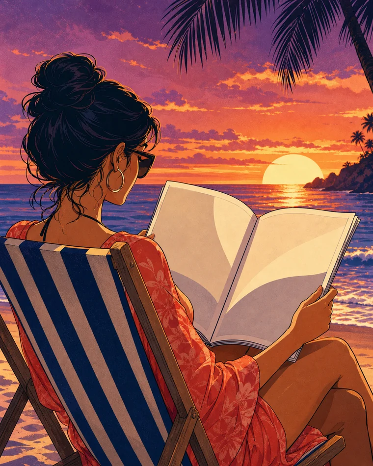 Woman relaxing in a beach chair with a magazine at sunset